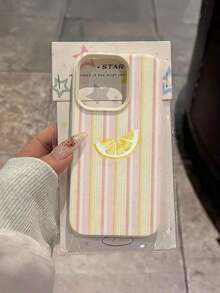 1pc White & Blue Striped Lemon Slice Pattern Full Coverage TPU Shockproof Phone Case Compatible With IPhone 16, 15, 14, 13, 12, 11 Pro Max, Series - 1pc - View 3