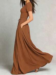 Women's Long Dress Spring/Summer, Waist Tie Dress, Draping Slimming Vintage Elegant Versatile Long Dress - 棕色 - 查看 2