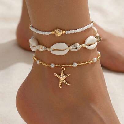 3pcs/Set Summer Beach Vacation Shell, Seashell Woven Rope Anklet, Bohemian Style Beaded Pearl Chain, Metal Alloy Starfish Pendant Foot Jewelry For Women, Suitable For Daily Wear, Beach, Date
