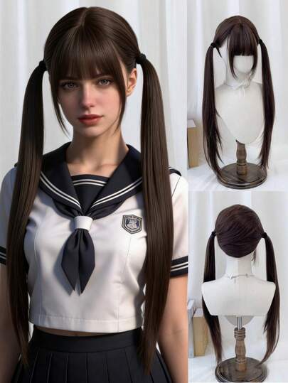 28英寸长直发假发，带刘海，动漫人物角色扮演假发，带双马尾，可爱洛丽塔假发，适合万圣节和圣诞节派对，女士款