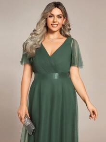EVERPRETTY Vestido de dama de honor de malla con cuello en V y parches para mujer de talla grande, primavera - Verde - Ver 3