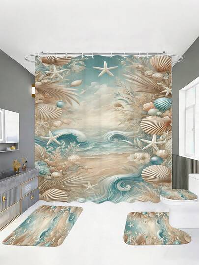 1/3/4件套复古贝壳波浪纹优雅浴室套装，清新舒适，充满夏日气息，家居装饰，浴室帘，浴室配件套装，包含浴帘，浴室帘套装。多尺寸浴帘及配套套装，防霉涤纶面料，装饰性浴室组合，包含浴帘、U型马桶垫、防滑地垫、马桶盖套和12个浴帘挂钩，适合作为母亲节礼物或开学季礼物。