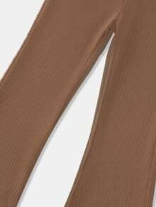 Quần legging dài dáng công chúa co giãn cao, màu trơn, họa tiết gân dọc, thoải mái cho bé gái, hàng mới về mùa xuân/hè; Quần ống rộng cạp cao, ống loe, viền bèo nhún, kiểu dáng thường ngày cho bé gái. - Cà phê nâu - Xem 6