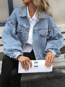 HAPPY GIRL Spring/Summer Versatile Fashion Denim Jacket With Pearl Lantern Sleeves, College Style For Holiday, Vacation, Daily Wear And Travel, Women's - Light Wash - View 2