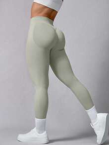 1pc Women's Solid Color Ribbed High Waist Seamless Elastic Outdoor Sports Pants - Light Grey - View 6
