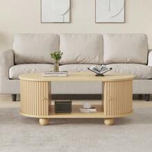 Oval Coffee Table With Storage Space And Sliding Doors, Multifunctional Space-Saving Furniture In Wood Colors. - Natural Color - View 12