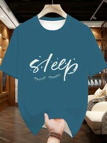 Plus Size Men's Sleepwear Set | Round Neck Short Sleeve Top And Elastic Waist Casual Shorts 2 Pieces Set | Polyester Knit Fabric Soft Breathable Loose Comfortable | Sleep Graphic Print Casual Design - Mint Blue - View 2