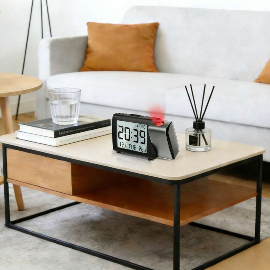 Digital Projection Alarm Clock | 3.9" LCD Screen, Temperature Display, 2-Level Volume, Snooze, USB/Battery Powered | 12/24H Format For Bedroom Office - Black - View 1
