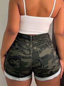 Camo Print Denim Shorts For Women, Outdoor Sports Style, Rolled Hem Casual Denim Shorts Summer - Army Green - View 6
