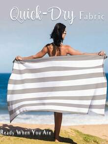 One Neutral Striped Beach Towel, Large In Size, Incredibly Soft And Quick To Dry. Timeless And Straightforward, Perfect For The Beach, Camping, And Yoga. Essential For Those Who Appreciate Minimalism. - Grayish White - View 9
