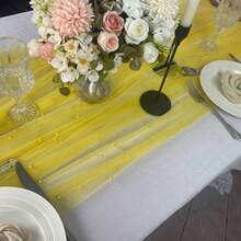 1pc Romantic Pearl Lace Table Runner, Wedding Arch Decor, Bridal Shower Gift Fabric, Elegant Pearl Lace Tablecloth, Suitable For Event, Embroidered Transparent Wrinkle-Resistant White Dessert Table - Gold - View 7