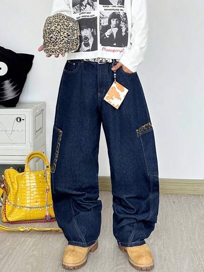 1 pieza Pantalones vaqueros de corte recto y suelto para hombre Hearty Haven, pantalones de mezclilla lavada cómodos con parches de estampado de leopardo, adecuados para todas las estaciones (sin cinturón ni accesorios incluidos)