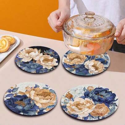 4pcs DIY Crystal Diamond Art Placemat Set - Vibrant Floral Design, Non-Slip, Round Dining Table Mats, Suitable For Holiday Parties, Handmade Gifts, Diamond Art Kit