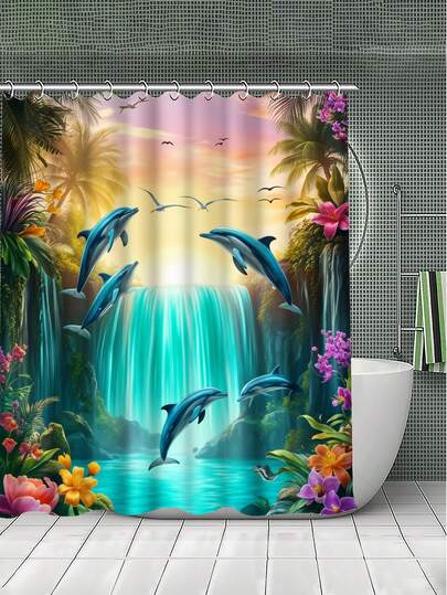 Bộ 1/4 rèm tắm phòng tắm, với họa tiết thác nước nhiệt đới và cá heo, mang phong cách minh họa nhiệt đới/huyền ảo, chống thấm nước và bền bỉ. Bộ sản phẩm bao gồm 12 móc treo, nắp bồn cầu, thảm tắm và thảm trải sàn cùng màu. Được làm từ vải tổng hợp chất lượng cao, có thể giặt và chống nấm mốc, phù hợp cho các dịp lễ hội, trang trí nhà cửa, phòng ngủ, thiết kế nội thất theo phong cách nghỉ dưỡng và không gian chủ đề mùa hè.