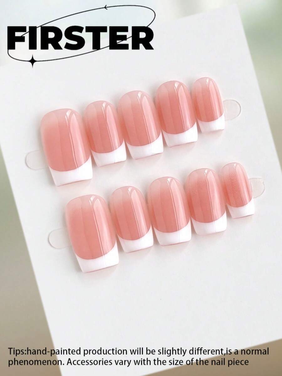 10 Stück mittelgroße quadratische handgemachte Aufkleb-Nägel, nude-rosa klassische French Tip Fake Nägel, glänzende Oberfläche, wiederverwendbare Acrylnägel für Y2K-Stil und täglichen Sommertragen - Verschiedenfarbig - Übersicht 1