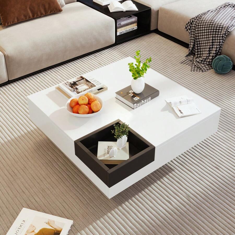Mesa de centro moderna / Mesa de centro gris hormigón / Mesa rectangular para salón con almacenamiento / Robusta y duradera / Adecuada para salones y oficinas, 72 x 72 x 30 cm - Blanco - Ver 1