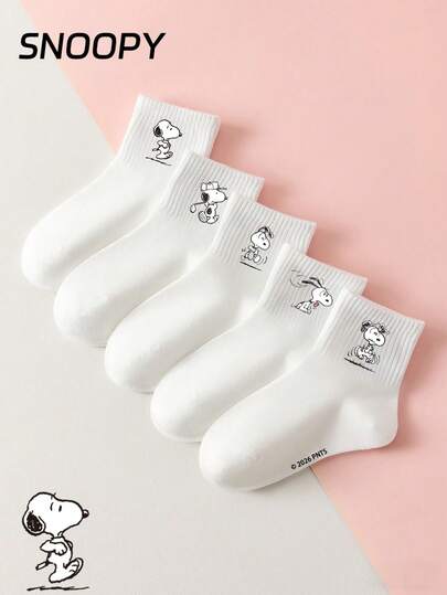 SNOOPY 5双正品史努比袜子，白色船袜，带刺绣图案，可爱百搭，卡通史努比图案，时尚休闲透气学生袜，适合日常穿着、返校季、节日礼物