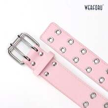 [Free Shipping]Double Grommet Belt PU Leather Punk Belt For Women Men Jeans 2 Hole Belts 1.5 Wide - Hồng - Xem 2