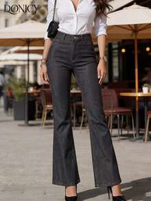 DONICY 女士深色水洗喇叭牛仔裤，复古风格 - 黑色 - 查看 6