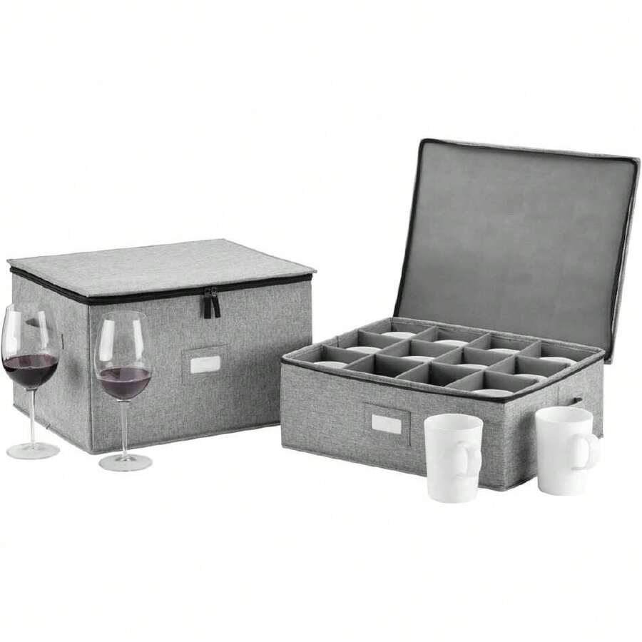 Wine Glass And Mug Storage Box, Set Of 2 Stackable Containers With Hard Shell Inner And Fully Padded Outer, 12 Units Per Box With Labeling Insert Cards And Side Handles, 44601576 - 巧克力棕 - 查看 1