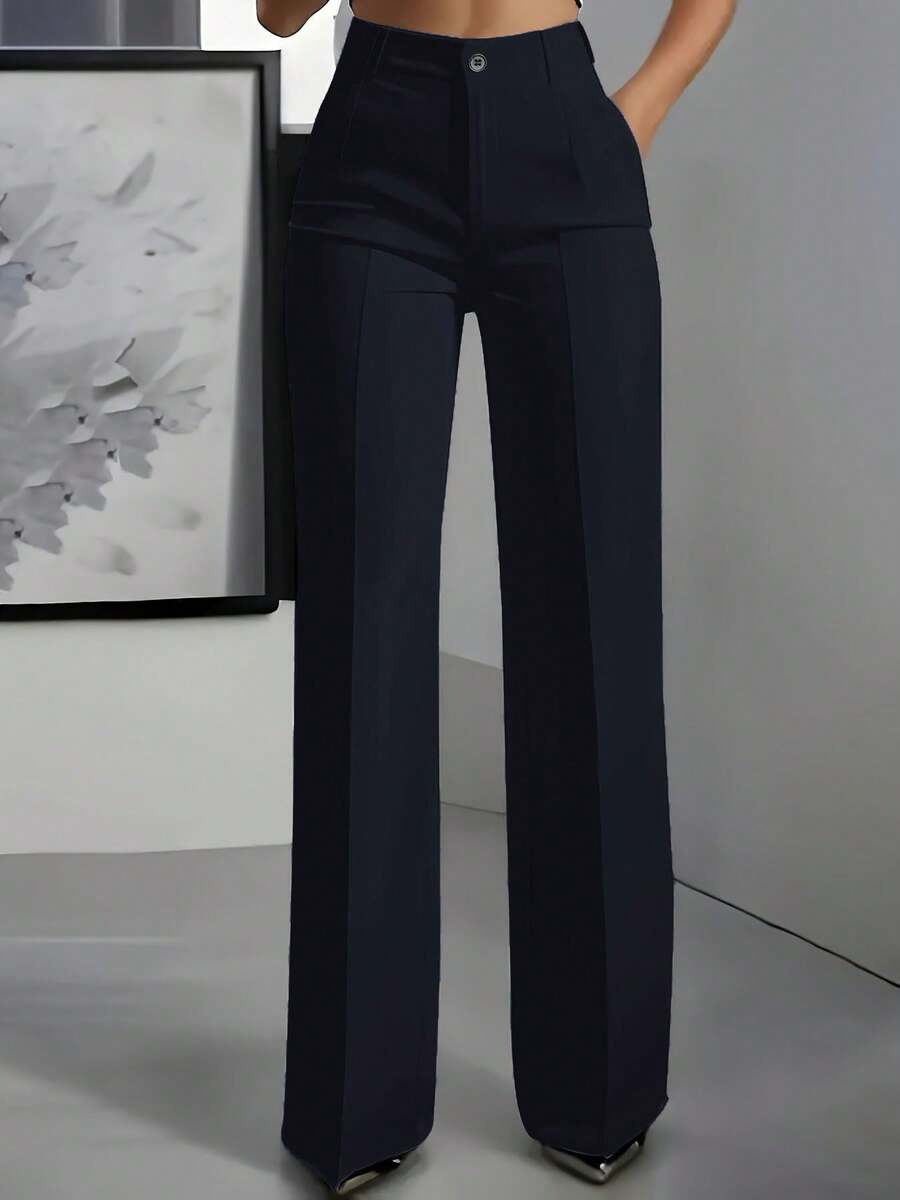 Women's Straight Leg Solid Color Pants With Pockets And Zipper - Navy Blue - 1 - View 1