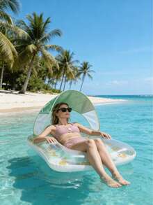 1pc Inflatable Floating Lounge With Backrest And Cup Holder, Detachable Sunshade, Fresh Floral Design, Suitable For Pool, Water Park, Beach, Party, Vacation, Multi-Functional Summer Water Lounger - Flower-shaped Floating Raft - View 12