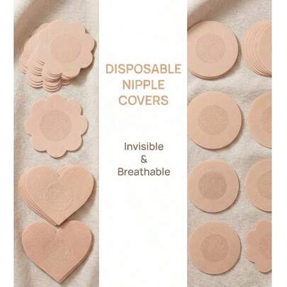 一次性乳贴，隐形透气乳垫，柔软无纺布乳贴，花瓣形乳贴，适用于连衣裙、吊带背心、泳装，便携式一次性乳贴，适合旅行、运动、日常使用，有圆形、圆形和心形可选。