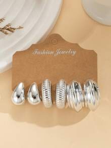 Conjunto de pendientes de aro con forma de gota de agua asimétrica y geométrica, pendientes de estilo creativo y de moda - Plateado - Ver 8
