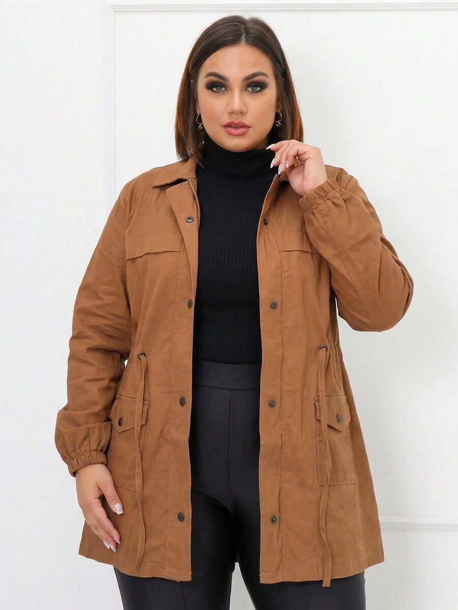 Plus Size Winter Overcoat In Bengaline Fabric With Drawstring, Zipper, And Button Closure. This Winter Parka Coat/Blouse Is Perfect For Sizes G1, G2, And G3. - Mocha Brown - View 1