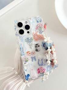Funda protectora suave para teléfono con diseño de gato trenzado de borde ondulado, minimalista y elegante, pintado a mano con flores y gatos, compatible con iPhone 17pro/17Air /17/17promax 16/11/16pro/16plus/16promax/16e/15Promax/13/14/12/XS/XR/7G/8PXR /7/8, 15Promax, 13, 14, con accesorio de pulsera hecha a mano con cuentas - Multicolor - Ver 1