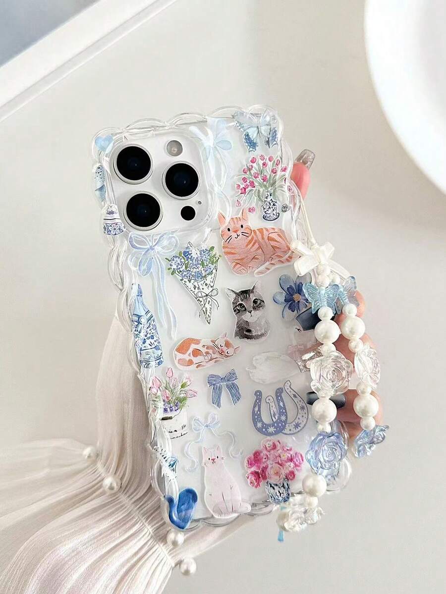 Funda protectora suave para teléfono con diseño de gato trenzado de borde ondulado, minimalista y elegante, pintado a mano con flores y gatos, compatible con iPhone 17pro/17Air /17/17promax 16/11/16pro/16plus/16promax/16e/15Promax/13/14/12/XS/XR/7G/8PXR /7/8, 15Promax, 13, 14, con accesorio de pulsera hecha a mano con cuentas - Multicolor - Ver 1