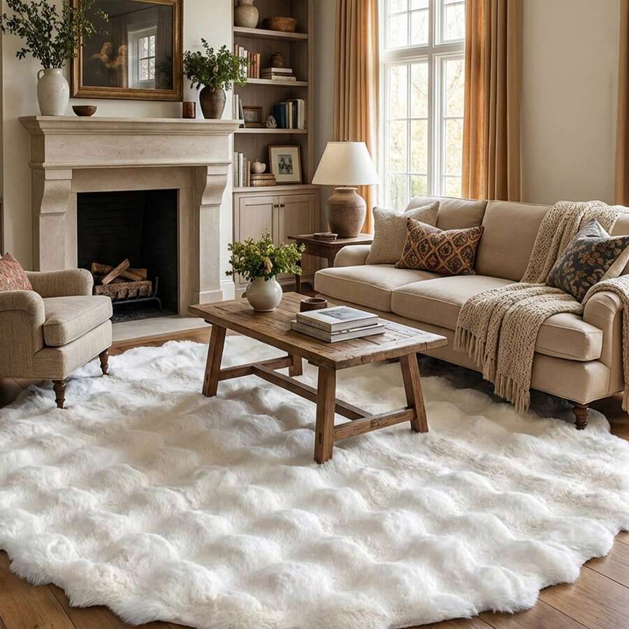 1pc Milky White Plush Rug, Fluffy Decorative Floor Mat, Suitable For Living Room, Bedroom, Study And Other Spaces, Round Rug, Pet-Friendly Carpet. - Beige - View 1