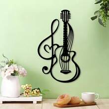 1 pièce Décoration murale en métal avec note de musique et guitare, symbole en fer noir, convient pour le salon, la chambre, la maison et le café, thème musical de style ferme, décoration murale, cadeau de pendaison de crémaillère - Noir - Voir 1