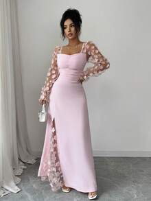 Lili House 女士长款碎花网纱连衣裙 - 长袖，收腰设计 | 优雅休闲连衣裙，适合约会、晚宴、派对等场合，粉色 - 粉色 - 查看 6