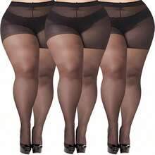 Plus Size Sheer Pantyhose - Run Resistant Thin Nylon Tights For Women Up To 300lbs, No Slide Waistband Summer Stockings, Black & Nude Plus Size Fishnet Alternative - 黑色 - 查看 8
