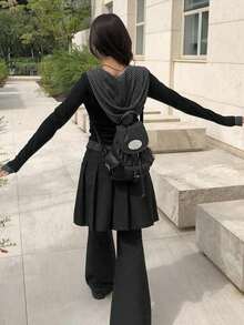 休闲百搭条纹拼接连帽长袖T恤 - 黑色 - 查看 8