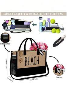 Women's Beach Tote Bag Set, Includes "BEACH" Canvas Bag, Khaki Wavy Beach Sun Hat, Tote Bag, Cosmetic Bag, Wide Brim Sun Hat, Bow Outdoor Travel Hat, Suitable For Spring/Summer Beach Use, Adjustable - Multicolor - View 11