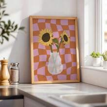 1pc Minimalist Aesthetic Sunflower In Vase Canvas Print, Frameless Warm Soft Tone Checkerboard Background Floral Wall Art Poster For Living Room Bedroom Kitchen Bathroom Office Home Decor, Perfect Gift For Him, Her And Flower Lovers - A - View 4