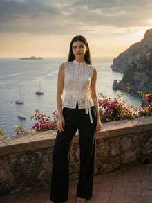 Áo sơ mi trắng ôm dáng cổ ren móc mùa xuân/thu, kiểu dáng thanh lịch dành cho quý cô công sở, dáng ôm vừa vặn, thiết kế tay phồng, cúc rỗng ren toàn bộ, mang hơi hướng lãng mạn Pháp, áo lót duyên dáng mùa hè. - trắng - Xem 8