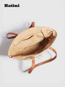 Bolso de playa de paja tejido a mano Hatini, de gran capacidad, con decoración de perlas falsas, estrellas de mar y conchas, estilo de moda europeo y americano de resort, regalo para novia o mejor amiga - Caqui - Ver 5