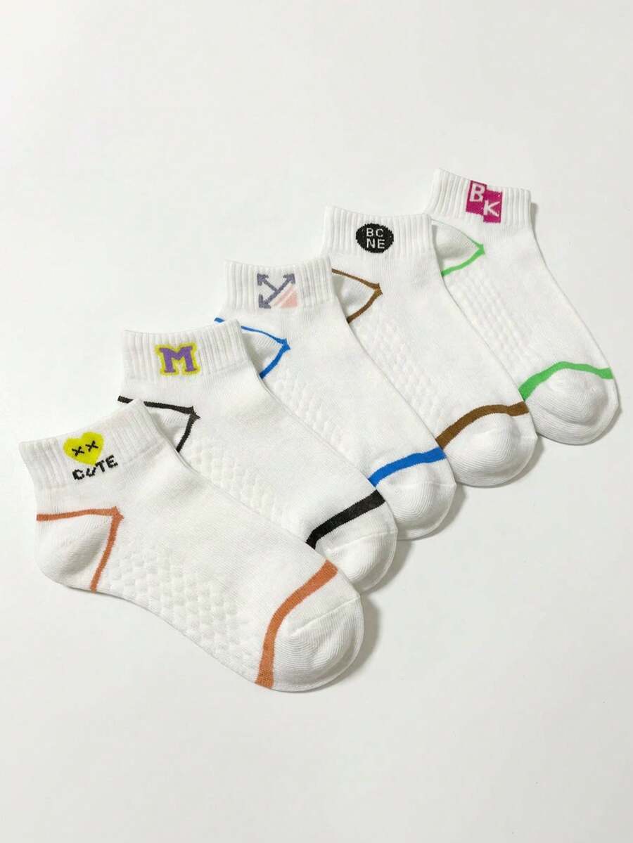 5双装女士短袜,可爱刺绣字母低帮袜,网眼面料,柔软休闲,隐形袜,适合女士日常穿着,可搭配休闲鞋/运动鞋 - 彩色 - 查看 1