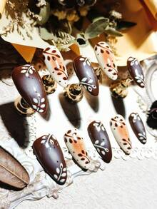 Handmade Press On Nails 10Pcs Almond Shape Chocolate Brown Gradient Leaf Pattern Glossy Finish Reusable False Nails For Daily Wear - Coffee Brown - View 12
