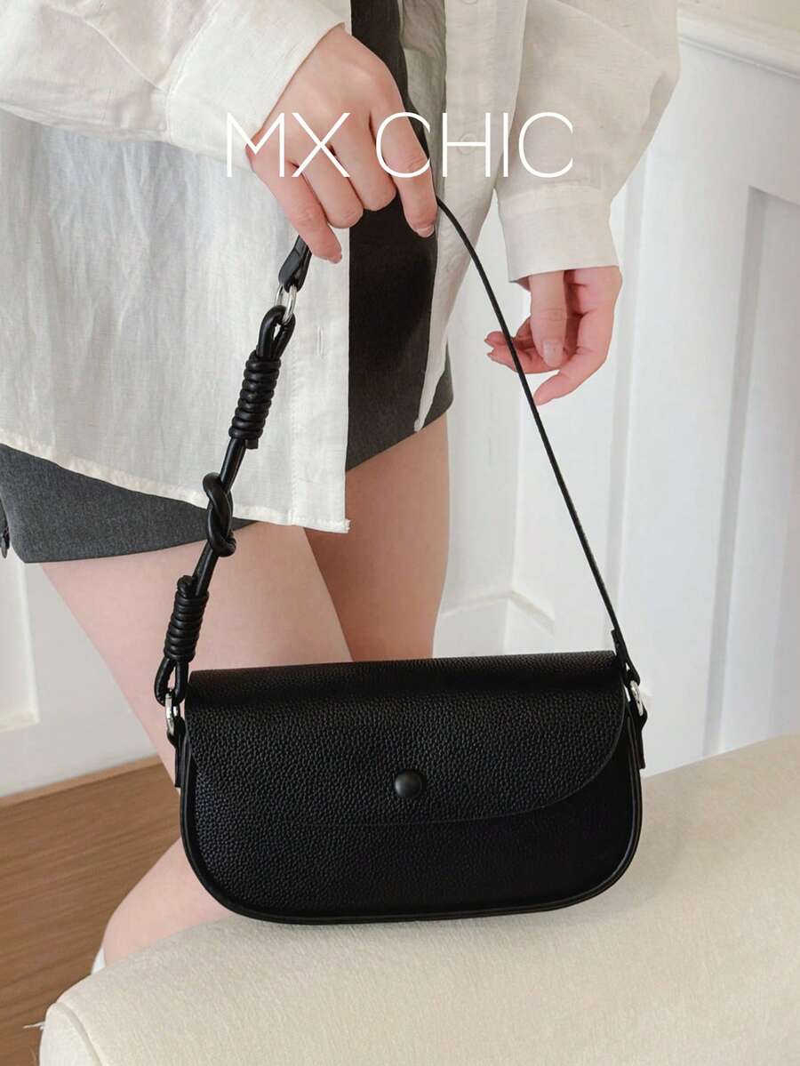 1pc Women's Solid Color PU Shoulder Crossbody Bag, Fashionable Retro Flap Bag Suitable For Holding Phone, Commuting, Shopping, Gift - Black - View 1
