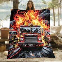 1pc Fire Truck Blanket - Lightweight Flannel Throw With Vibrant Digital Print, 280gsm Soft Warm Fabric For Sofa, Bed, Travel &  - All-Season Cozy Home Decor, Fire Truck Bedding, Travel Blanket, Bold Pattern, Durable Material, Versatile Blanket, Travel Essentials - Mixed Colors - View 3