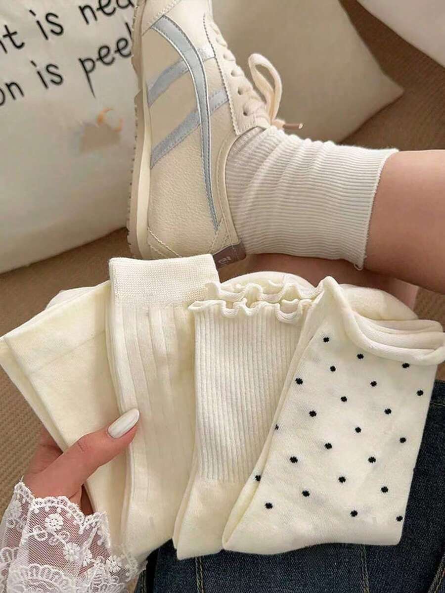 4双装女士可爱波点荷叶边舒适休闲中筒袜，白色，透气柔软，适合上学和日常穿着，颜色随机，适合春、夏、秋、冬四季穿着。 - 彩色 - 查看 1