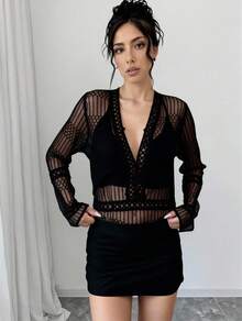 Imported Women's Long-Sleeved Bodysuit On . - 黑色 - 查看 1