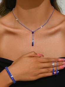 Bộ 4 món trang sức dự tiệc dành cho nữ: túi xách đính đá lấp lánh, túi dự tiệc, túi đeo vai dây xích, kèm dây chuyền, bông tai, vòng tay và các phụ kiện khác. - Màu xanh lam - Xem 3