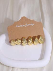 3-9 Pairs Shell Texture Water Drop C-Shape Earrings Set, Gold Metal Minimalist Unique Design Earrings, Versatile Commuter Elegant Earrings For Women, Suitable For Daily Wear - Gold - View 6