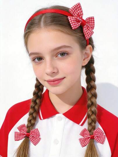 Bộ 3 món gồm băng đô và dây buộc tóc kẻ caro đa năng dành cho bé gái, kiểu dáng thường ngày.