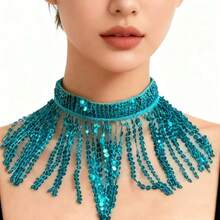 Belly Dance Sequin Fringe Choker Necklace Women Sparkly Tassel Collar Oriental Dance Performance Accessory DS Nightclub Stage Show Costume Jewelry (Multiple Colors Available) - Multicolor - View 8
